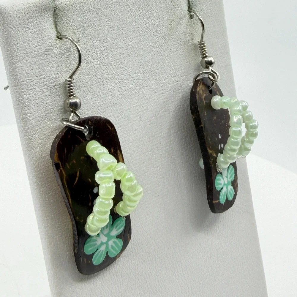 Earrings Flip Flop Dangle Brown Coconut Shell Green Beaded Flower Boho Tropical